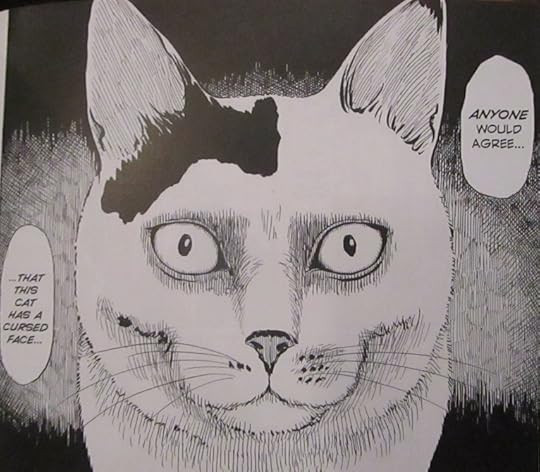Junji Ito's manga cover featuring his perplexed face and his wife's cats, Yon and Mu, in a horror style