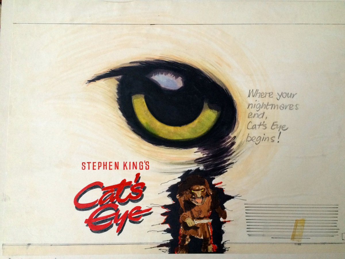 Conceptual Cat's Eye movie poster with a menacing cat and cityscape