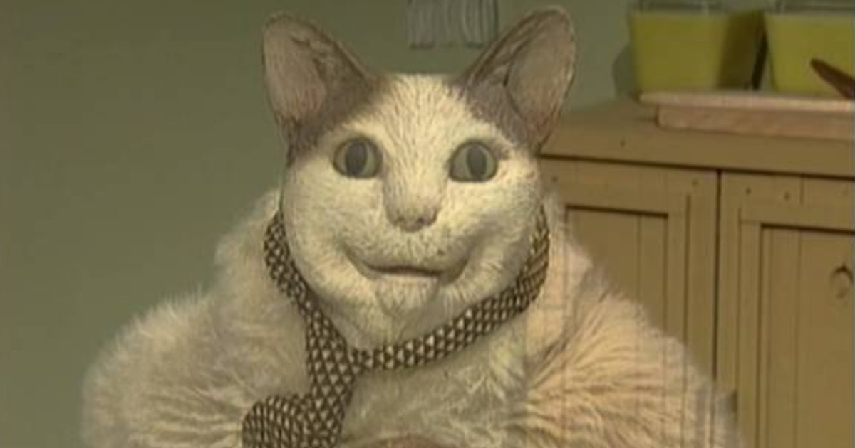 A close-up of the 'scared cat meme' featuring Whiskers from the TV show TV Funhouse, enhanced with AI animation.