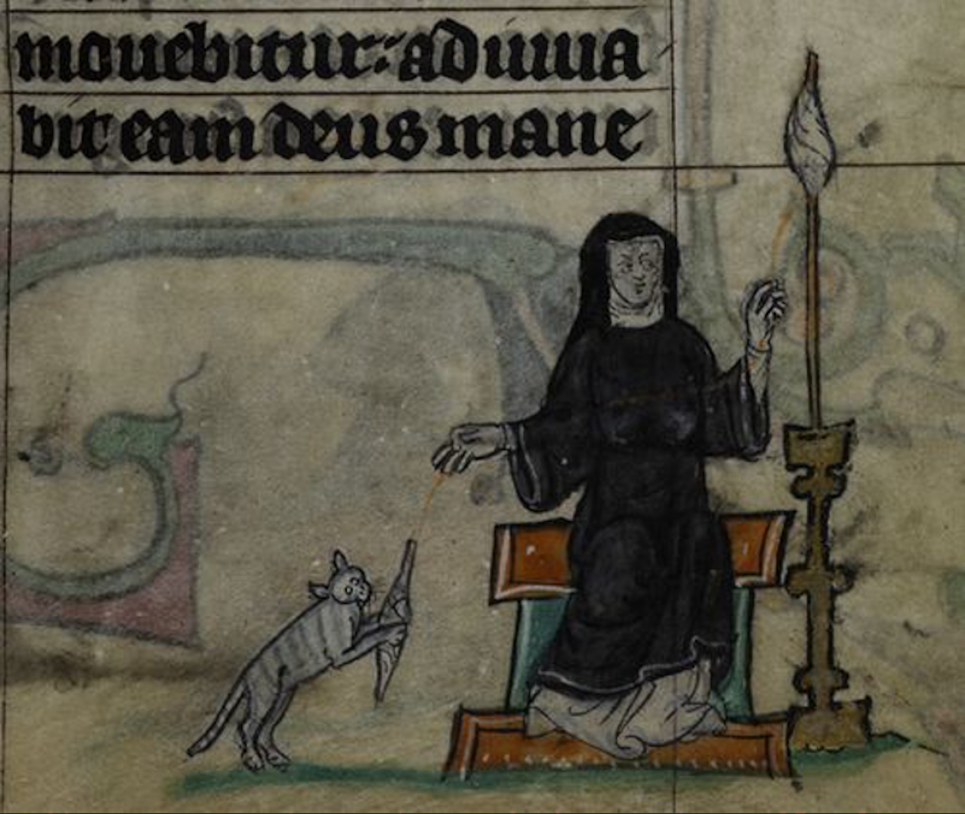 A detailed doodle from a medieval manuscript showing a nun spinning thread while her cat playfully interacts with the spindle.