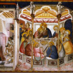 Medieval artwork depicting the Last Supper, with a cat and dog present in the domestic space outside the dining area.