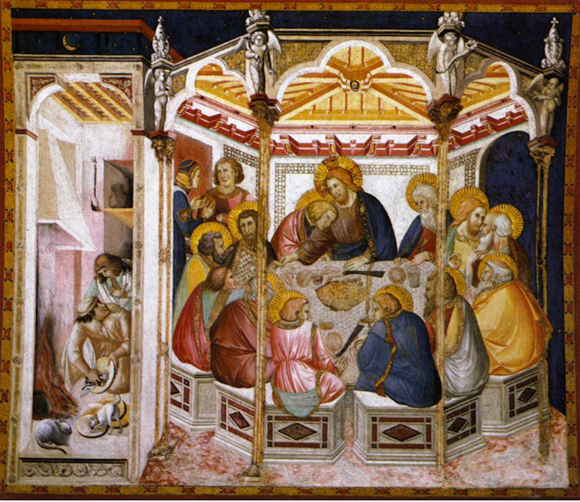 Medieval artwork depicting the Last Supper, with a cat and dog present in the domestic space outside the dining area.