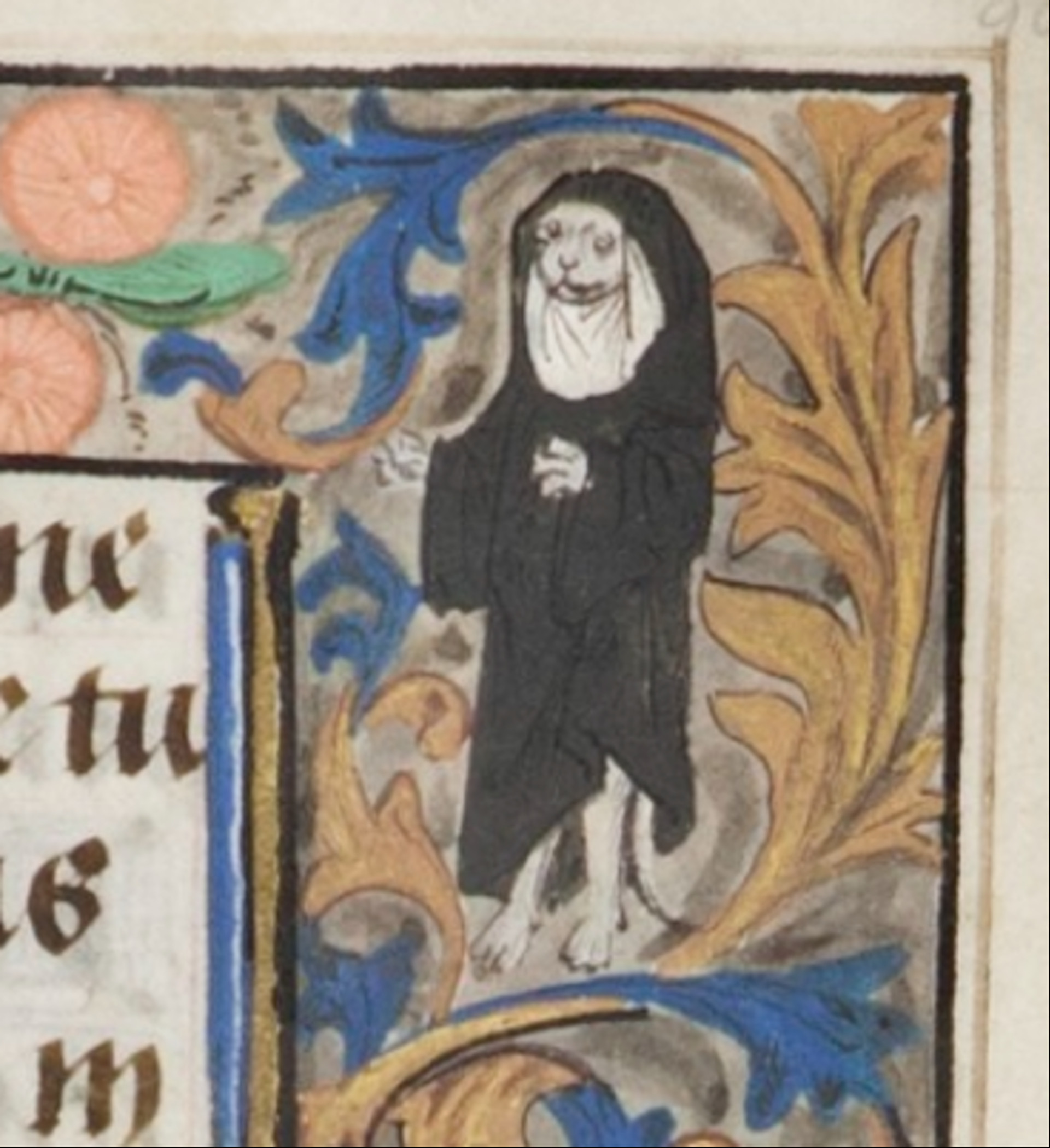 A whimsical doodle of a cat dressed as a nun in the margin of a medieval manuscript, highlighting the playful depiction of cats even in religious contexts.