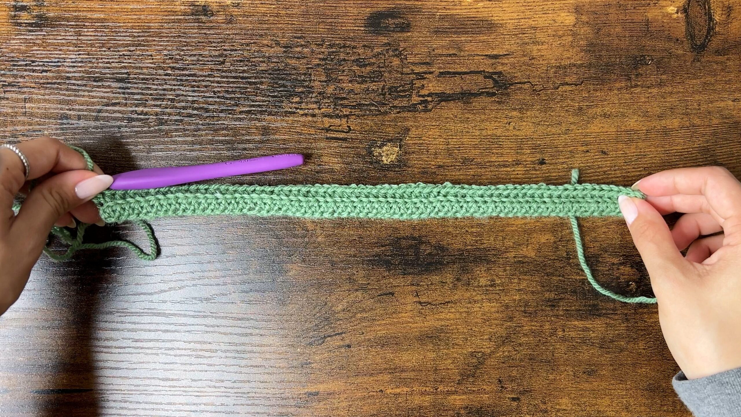 Image showing crocheting in the back loop only for subsequent rows of the cat ear beanie