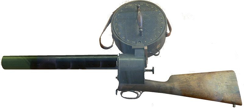 Marey's chronophotographic gun, resembling a rifle with a large circular lens at the end.
