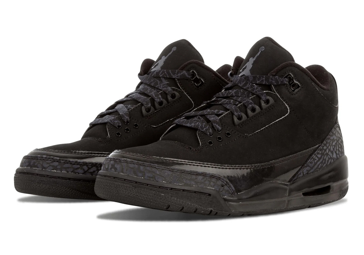 A detailed look at the 2007 Air Jordan 3 Black Cat release, highlighting the all-black nubuck upper and unique laces.