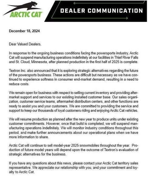 Arctic Cat Snowmobile Production Halts Amidst Powersports Industry Downturn