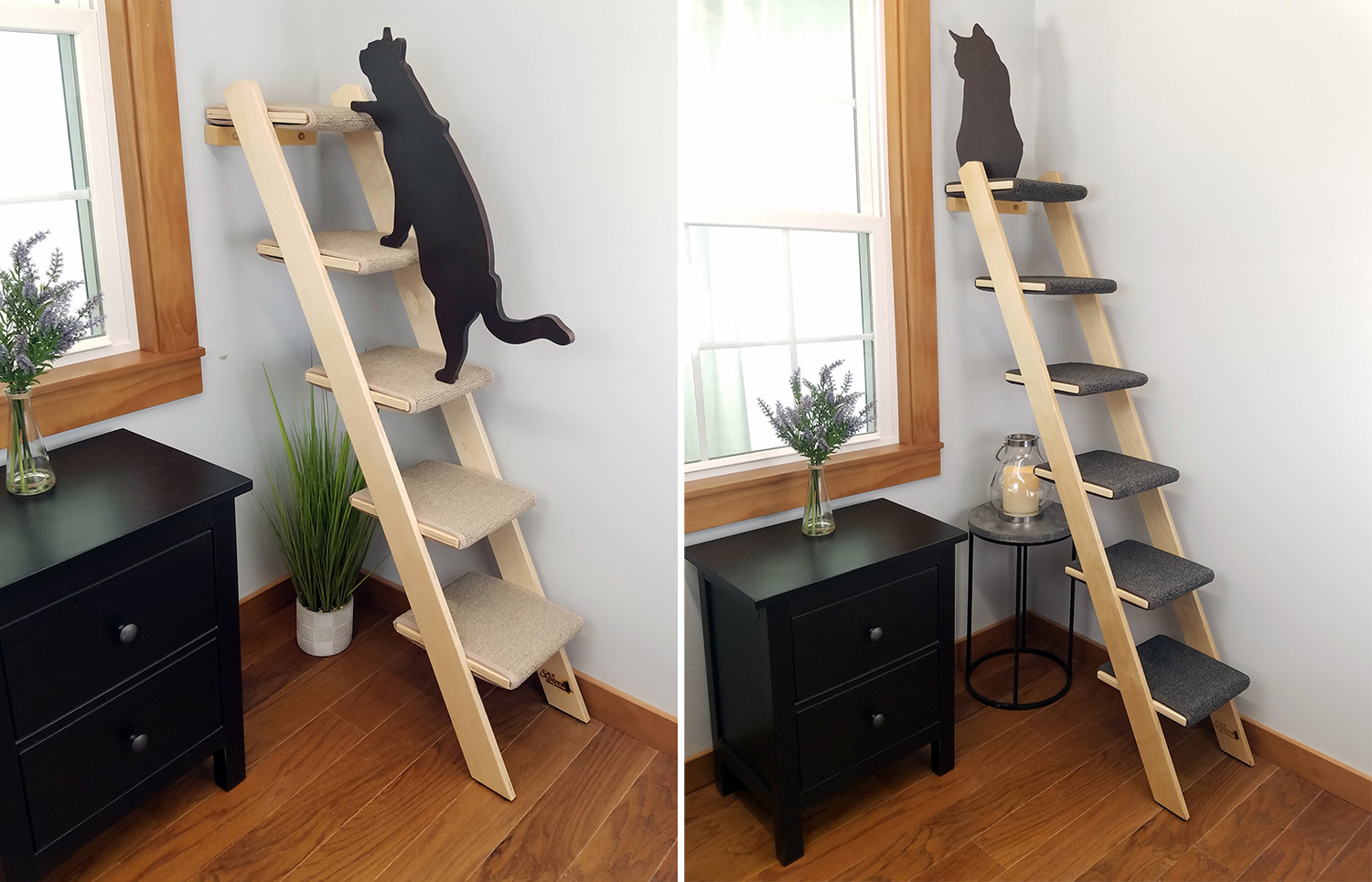 Classic Pine Cat Ladder in antique white with slate and mulberry carpet steps.