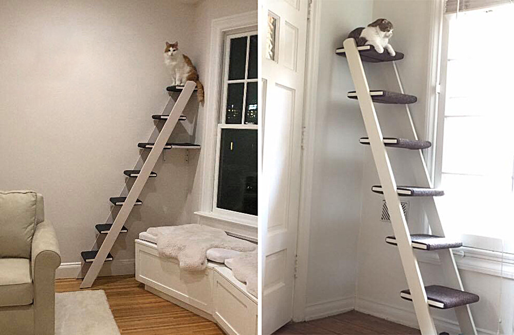 Side view of Antique White Cat Ladder showcasing wall mounting and carpet steps.