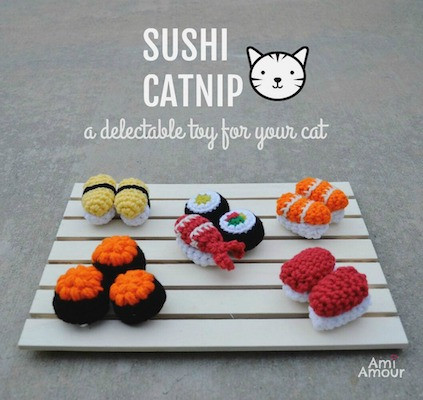 Collection of crochet sushi cat toys including salmon, tuna, and California roll with catnip
