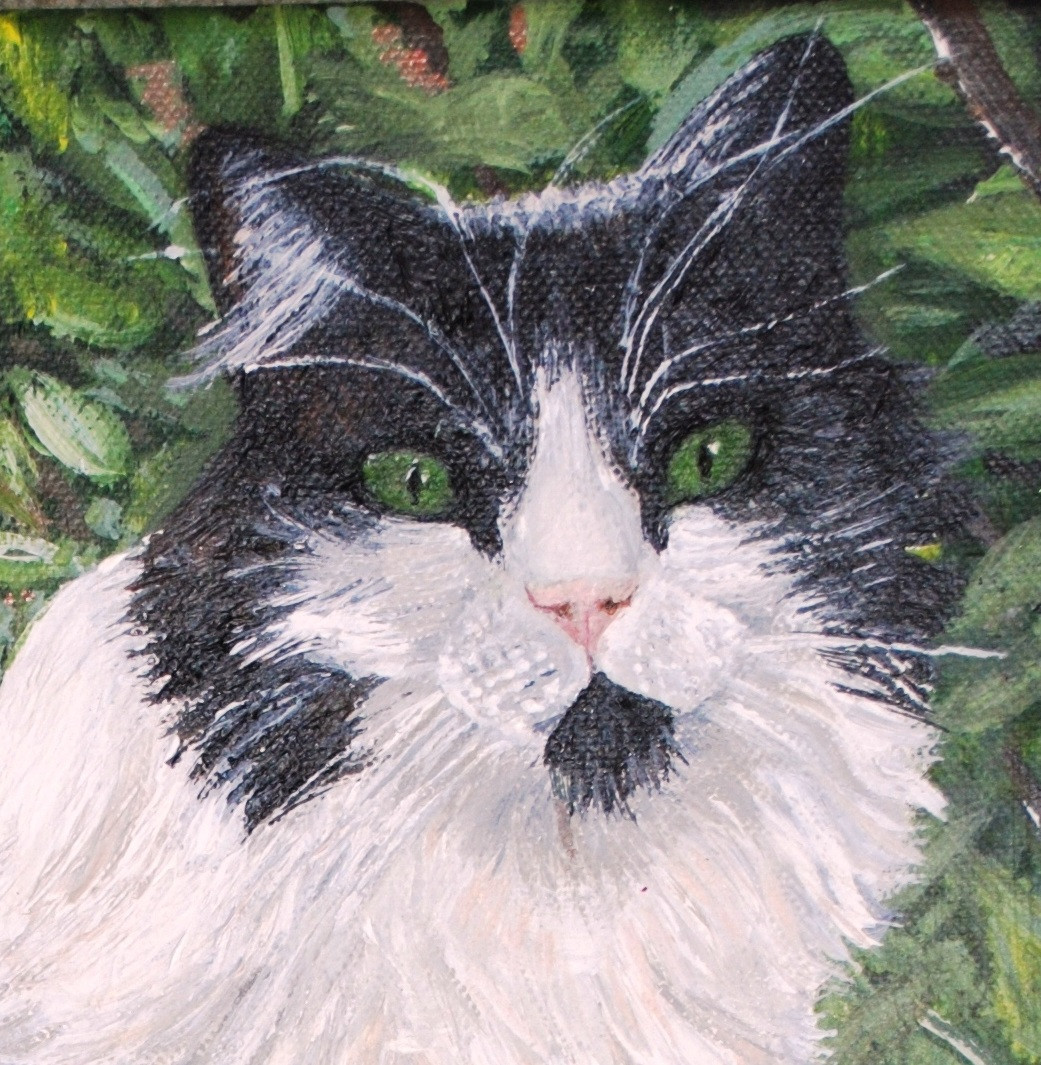 Detailed green eyes of a black fluffy cat painting