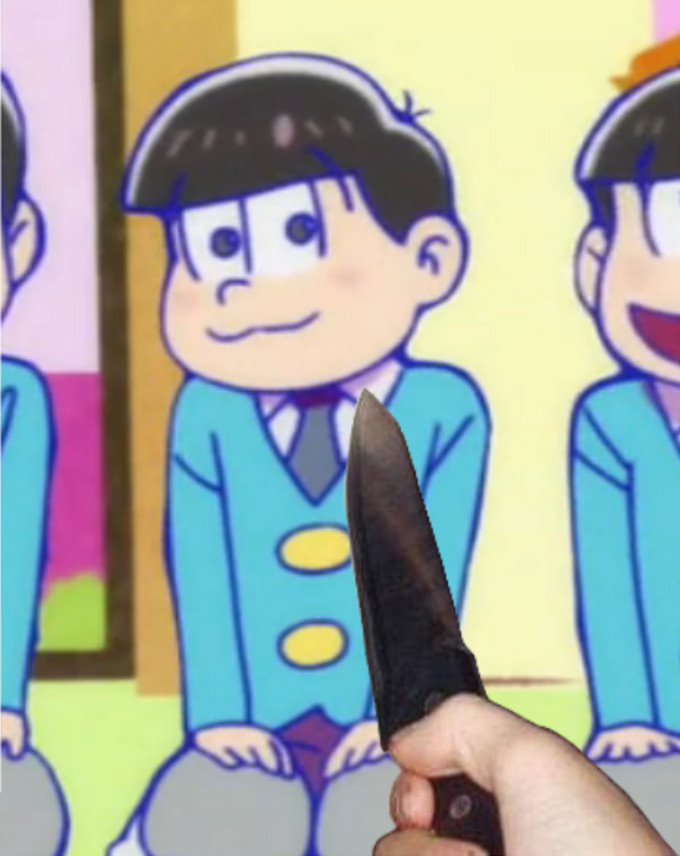 Knife Cat Meme variation featuring the Osomatsu-san character Tomodatsu being threatened with a knife.