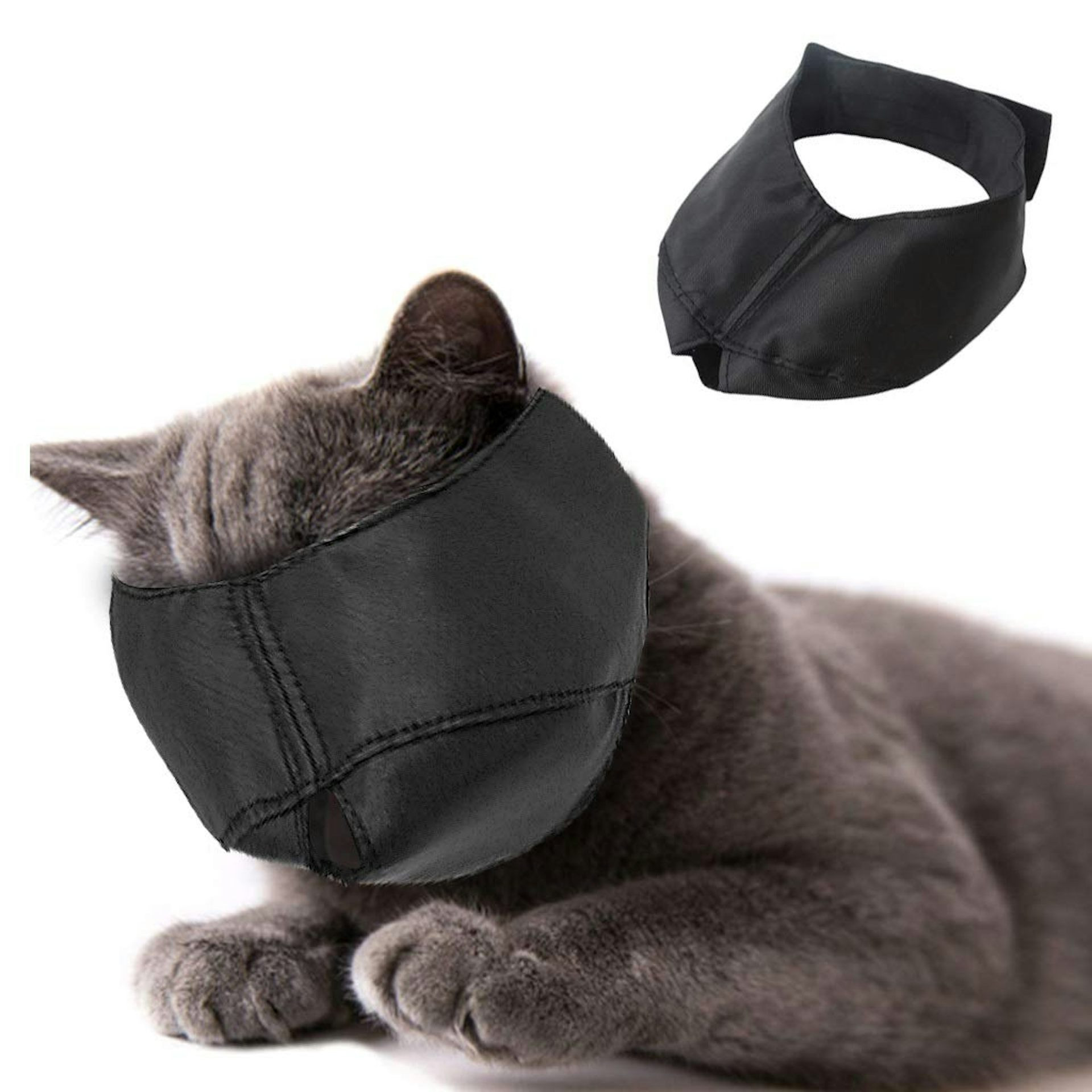 Stressed cat wearing a poorly designed muzzle with a small breathing hole, highlighting the discomfort and anxiety it causes.