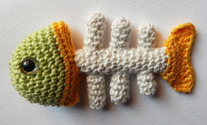 Crochet fish bone cat toy, designed for teething kittens but fun for all cats