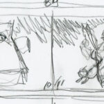 Initial thumbnail for spread 10-11 of the book Ghost Cat, showing early artistic ideas.
