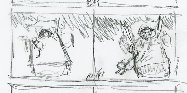 Initial thumbnail for spread 10-11 of the book Ghost Cat, showing early artistic ideas.