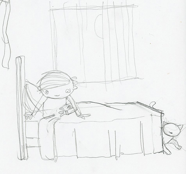 Rough sketch of page 11 of Ghost Cat, adjusting the cat's angle to be out of the boy's line of sight for storytelling clarity.