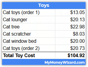 Various cat toys scattered around, such as balls, feather wands, and scratching toys, illustrating the fun and cost of cat entertainment.