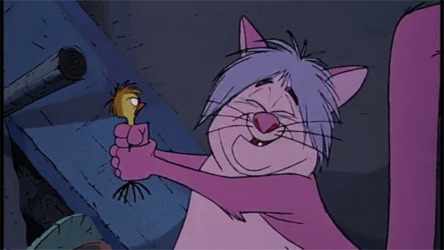 Madam Mim transformed into a purple cat in Disney's The Sword in the Stone, during her magical duel with Merlin.