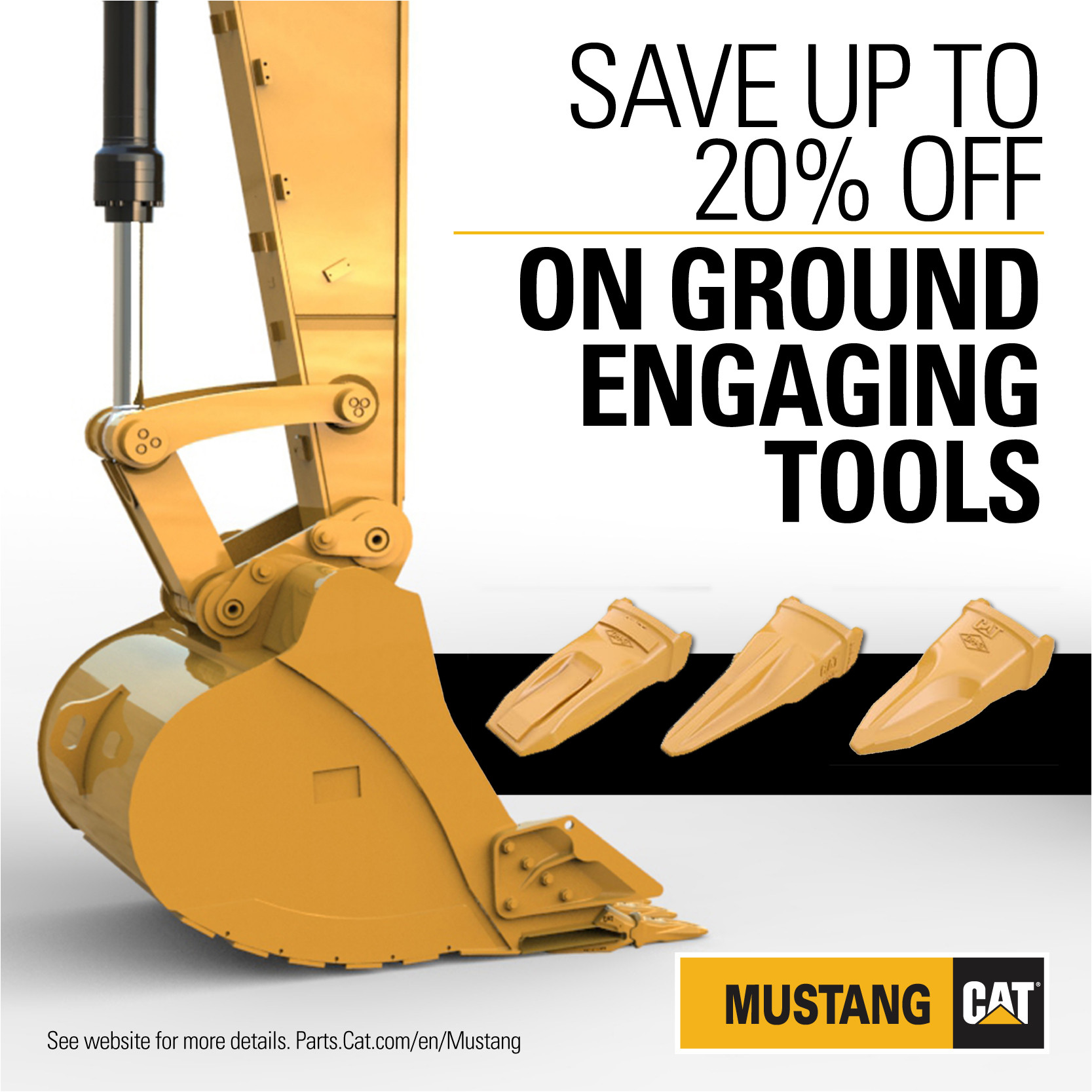 Image promoting savings on Ground Engagement Tools at Mustang Cat