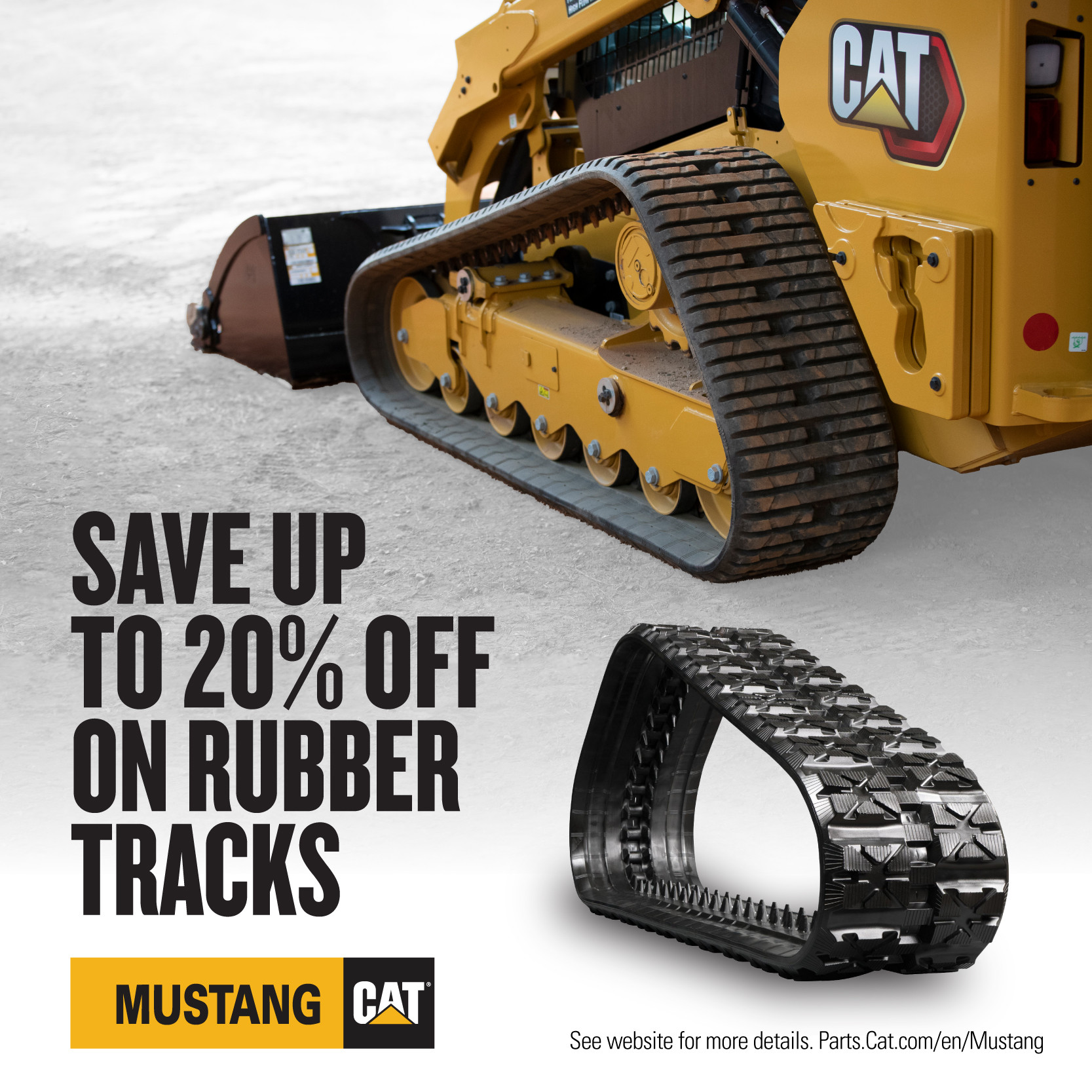 Image promoting rubber track savings at Mustang Cat