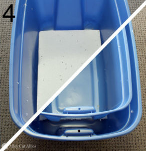 Placing styrofoam and small tub inside large tub for weatherproof cat shelter