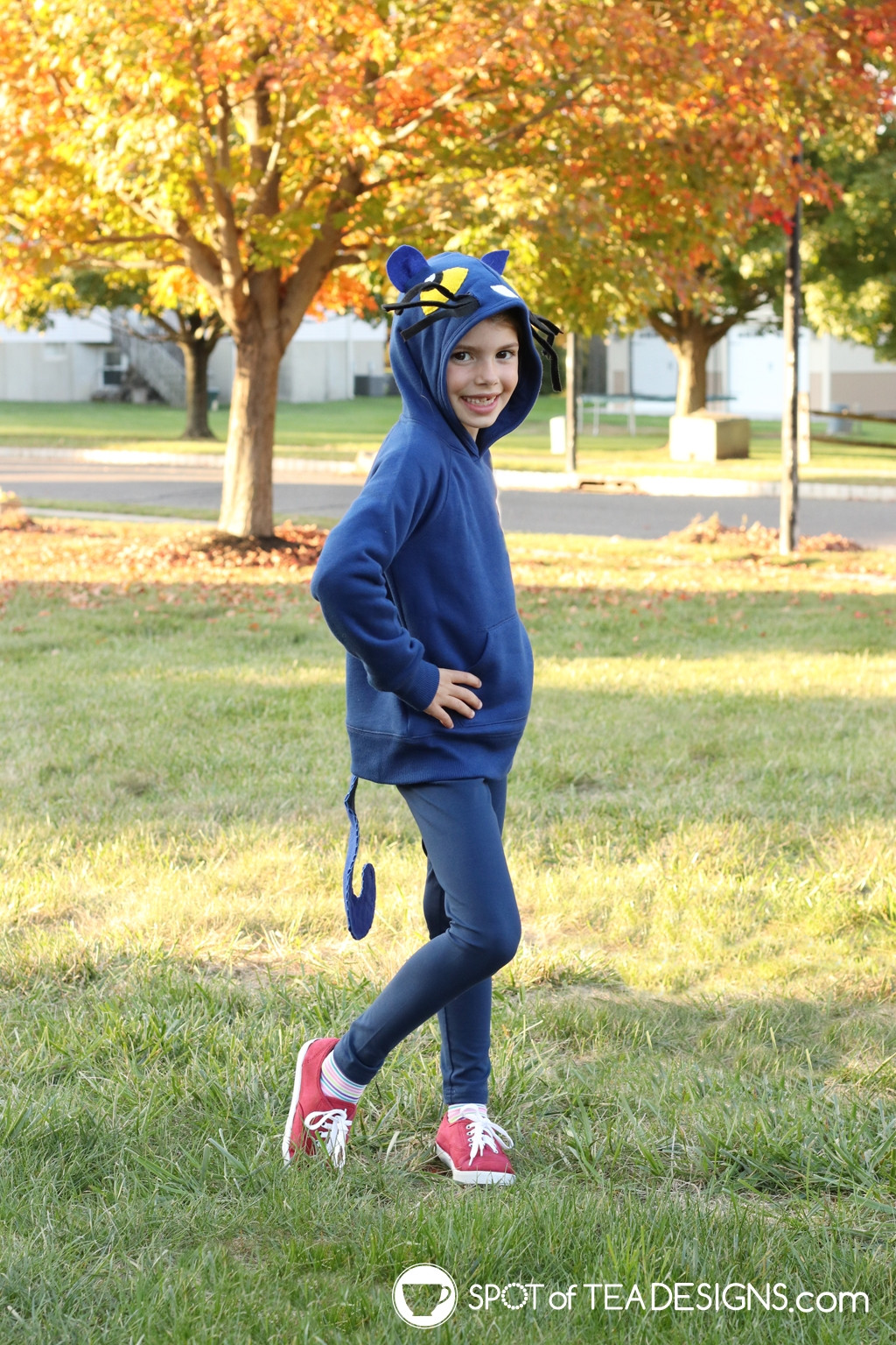 Child wearing finished Pete the Cat DIY Hoodie Halloween Costume