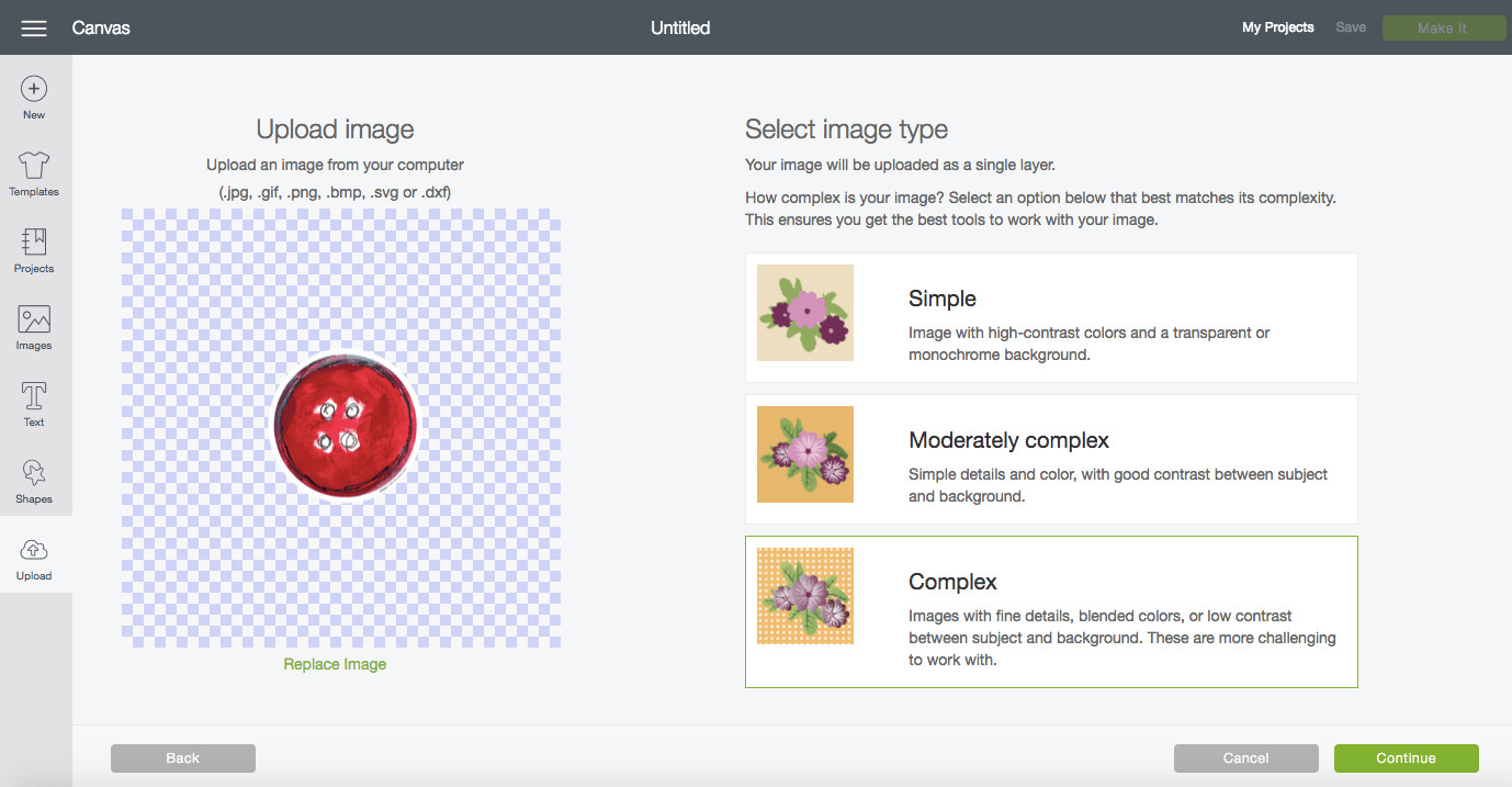 Uploaded Pete the Cat button images in Cricut Design Space