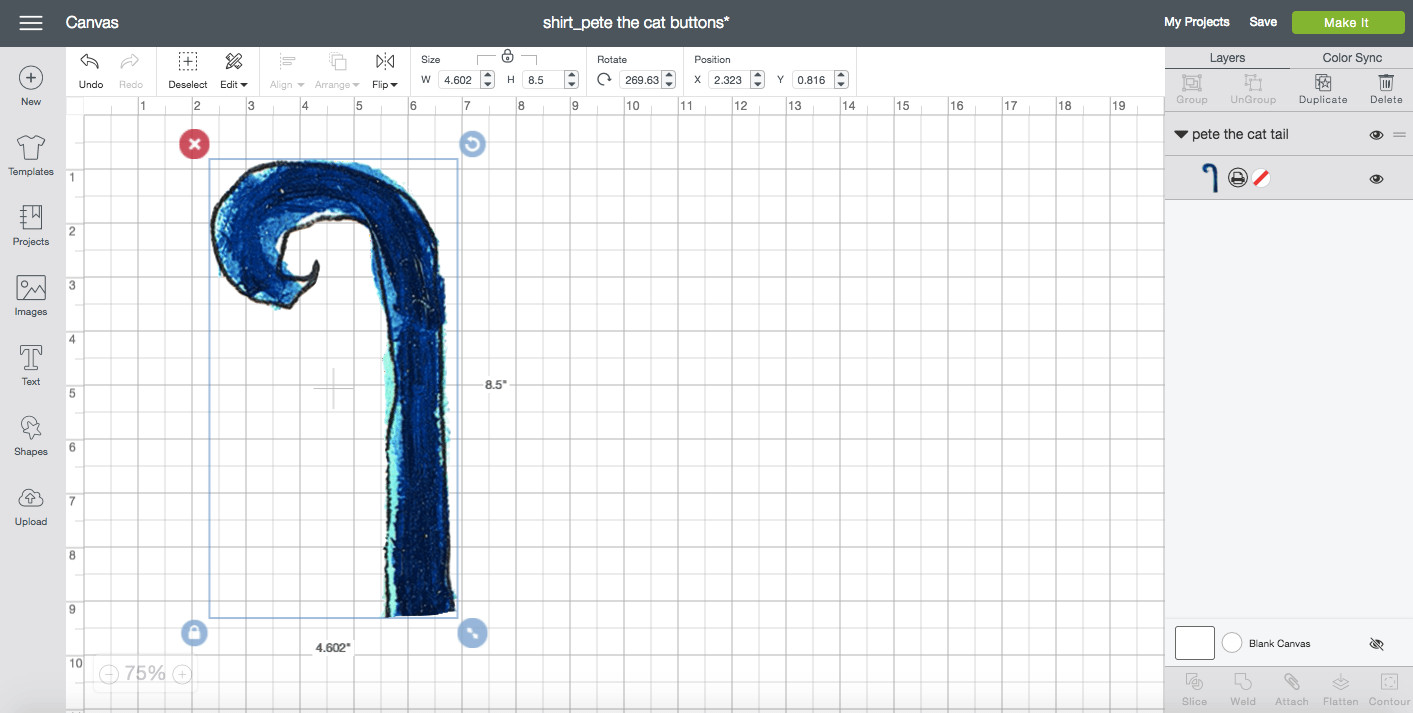 Sized Pete the Cat tail image in Cricut Design Space