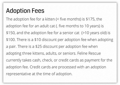 Adoption fee table for cats from another local rescue partnering with Petco and Petsmart, detailing fees for kittens and adult cats.