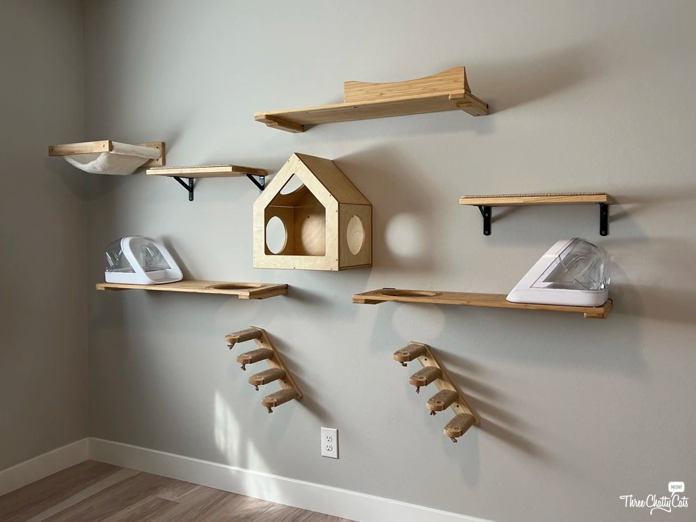 Right cat wall in the cat room, complementing the left side and providing ample vertical space for cats to explore and play.