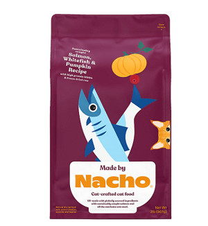 Bag of Made by Nacho Salmon, Whitefish &amp; Pumpkin Recipe Dry Cat Food.