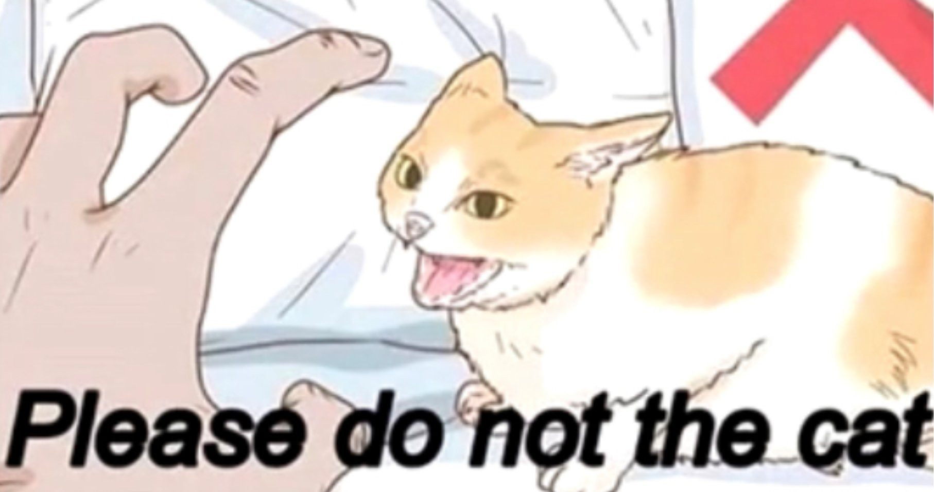 A concerned hand reaches for a hissing cat in a parody wikiHow illustration, captioned "Please Do Not The Cat."