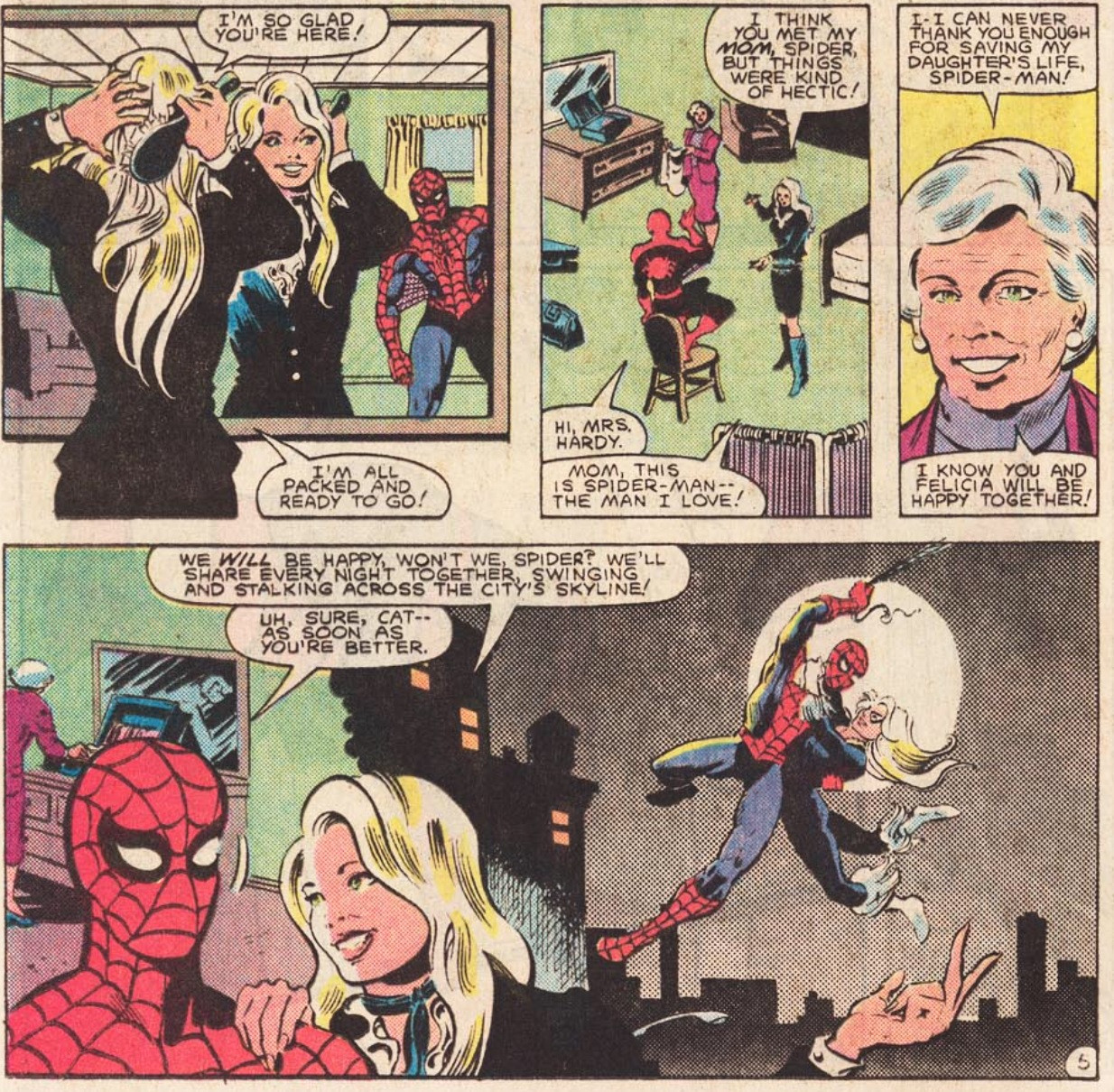 Spider-Man and Black Cat sharing a moment of playful banter on a rooftop, highlighting the lighthearted and flirtatious aspects of their relationship.