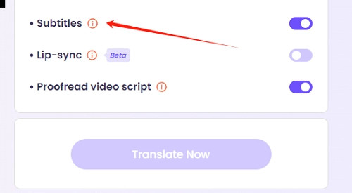 Clicking the Translate Now button to start video subtitle translation in Vidnoz AI