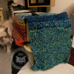 A cat looks at a cat carrier covered in a crocheted carrier cover.