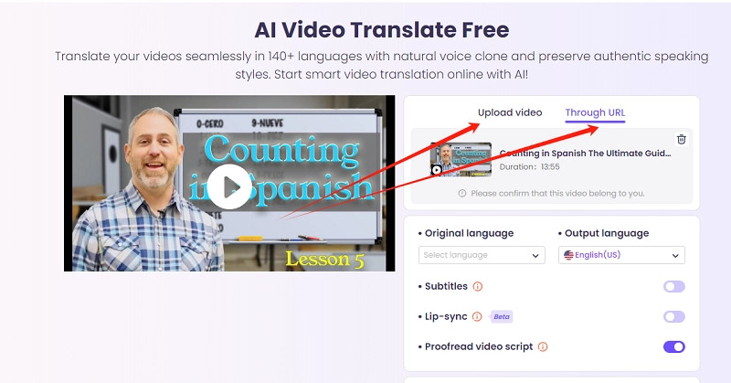 Uploading a video file or YouTube URL to Vidnoz AI Video Translator for subtitle translation