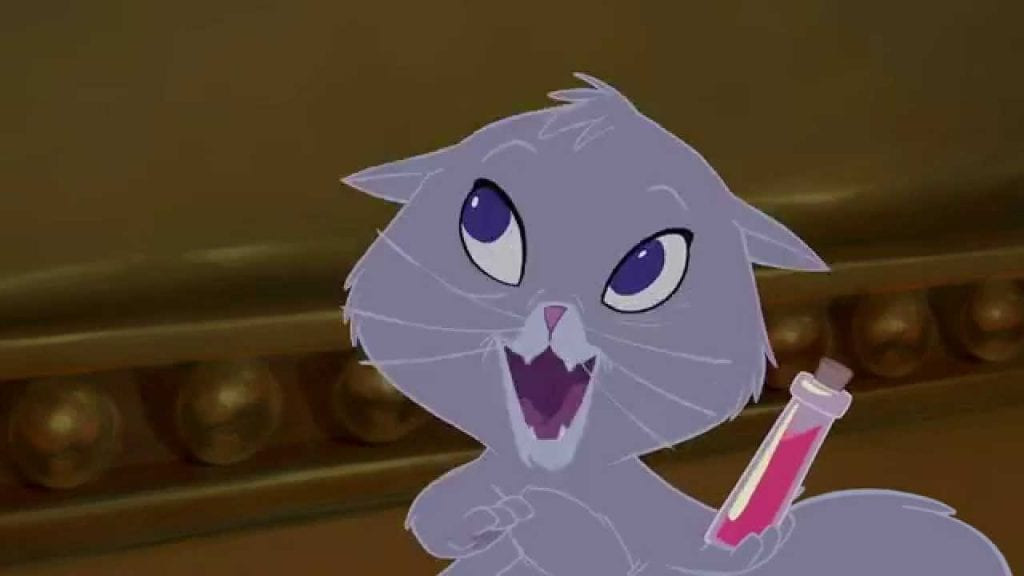 Yzma transformed into a cat in Disney's The Emperor's New Groove, looking surprised and realizing she has a meow voice.